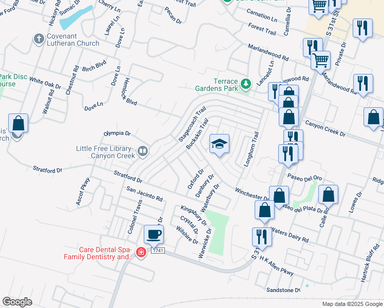 map of restaurants, bars, coffee shops, grocery stores, and more near 2214 Ranch Road in Temple