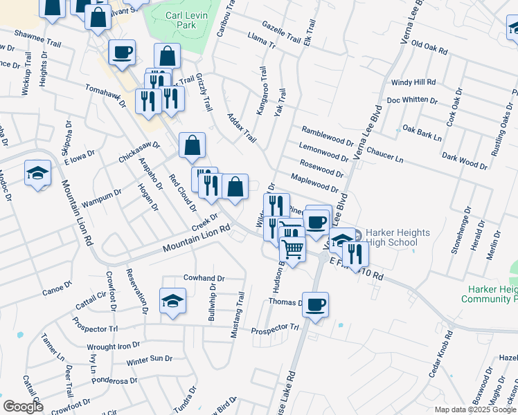 map of restaurants, bars, coffee shops, grocery stores, and more near 900 Pinewood Drive in Harker Heights