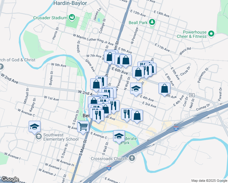 map of restaurants, bars, coffee shops, grocery stores, and more near 402 North Penelope Street in Belton