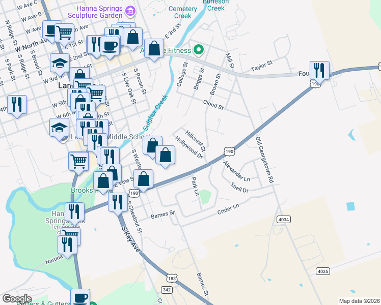 map of restaurants, bars, coffee shops, grocery stores, and more near 20 Hollywood Drive in Lampasas