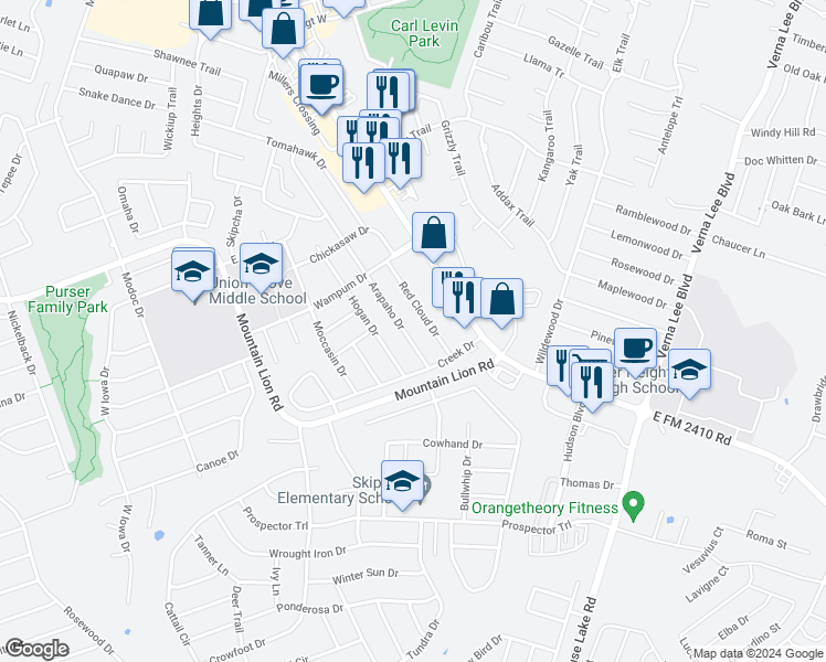 map of restaurants, bars, coffee shops, grocery stores, and more near 607 Arapaho Drive in Harker Heights