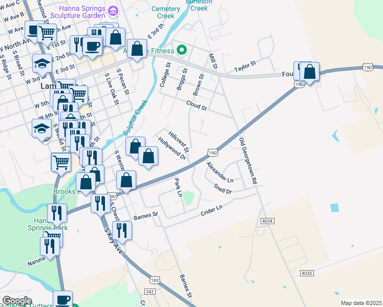 map of restaurants, bars, coffee shops, grocery stores, and more near 33 Hillcrest Street in Lampasas