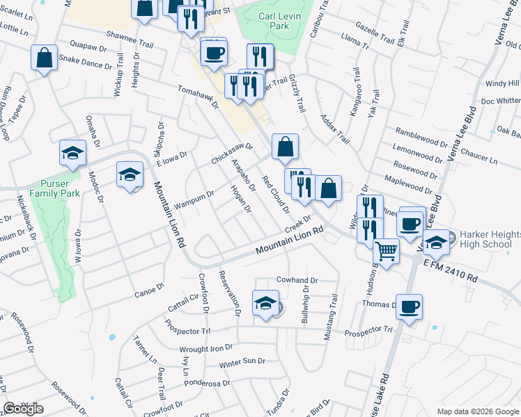 map of restaurants, bars, coffee shops, grocery stores, and more near 603 Arapaho Drive in Harker Heights