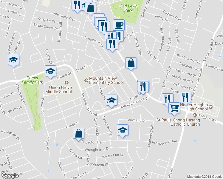 map of restaurants, bars, coffee shops, grocery stores, and more near 2300 Wigwam Drive in Harker Heights