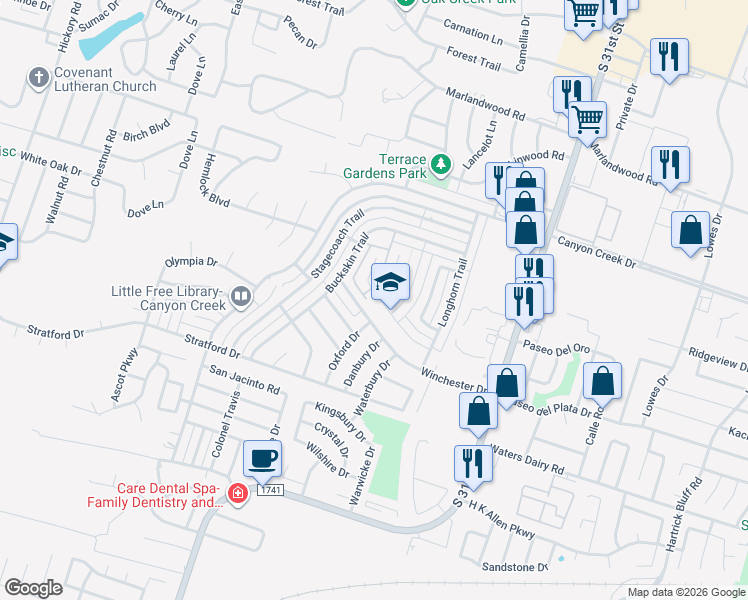 map of restaurants, bars, coffee shops, grocery stores, and more near 4518 Box Canyon Drive in Temple