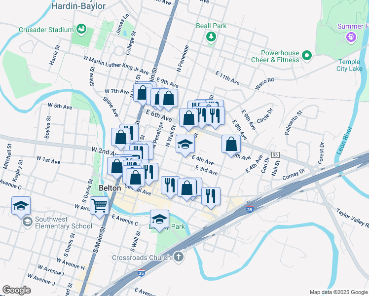 map of restaurants, bars, coffee shops, grocery stores, and more near 433 North Beal Street in Belton