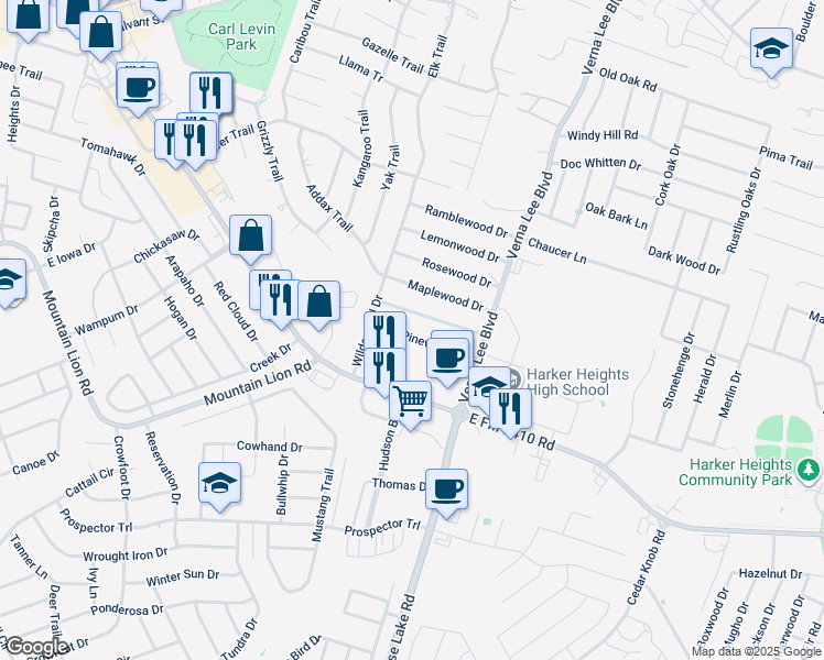 map of restaurants, bars, coffee shops, grocery stores, and more near 915 Pinewood Drive in Harker Heights