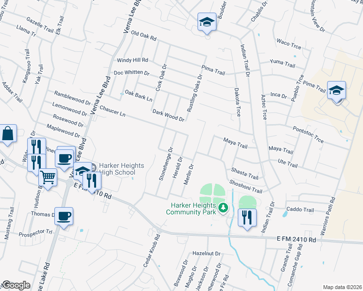 map of restaurants, bars, coffee shops, grocery stores, and more near 1910 Herald Drive in Harker Heights