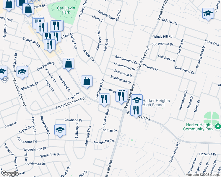map of restaurants, bars, coffee shops, grocery stores, and more near 915 Pinewood Drive in Harker Heights