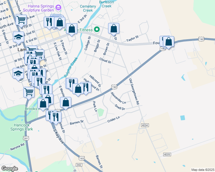map of restaurants, bars, coffee shops, grocery stores, and more near 33 Hillcrest Street in Lampasas