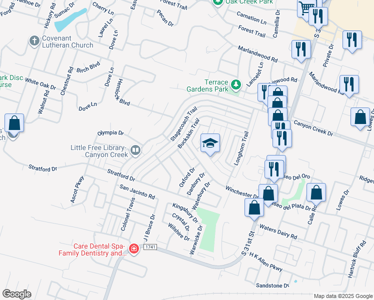 map of restaurants, bars, coffee shops, grocery stores, and more near 2214 Ranch Road in Temple