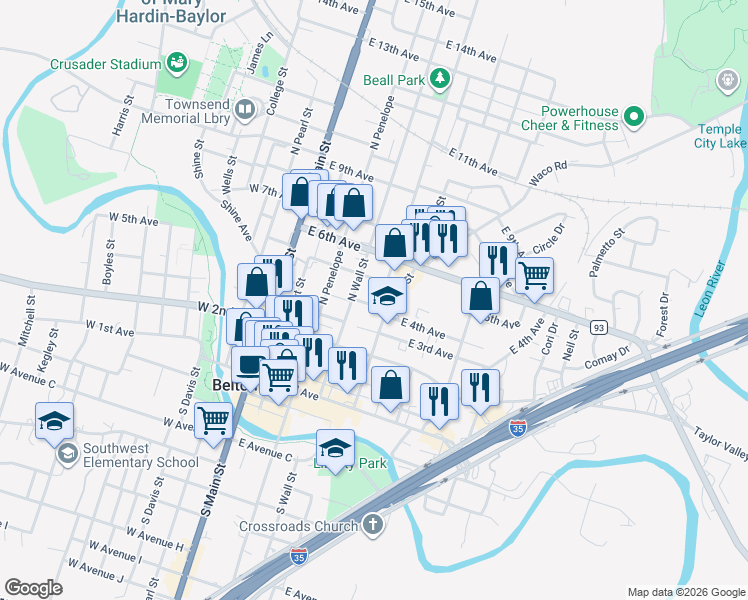 map of restaurants, bars, coffee shops, grocery stores, and more near 415 East 4th Avenue in Belton
