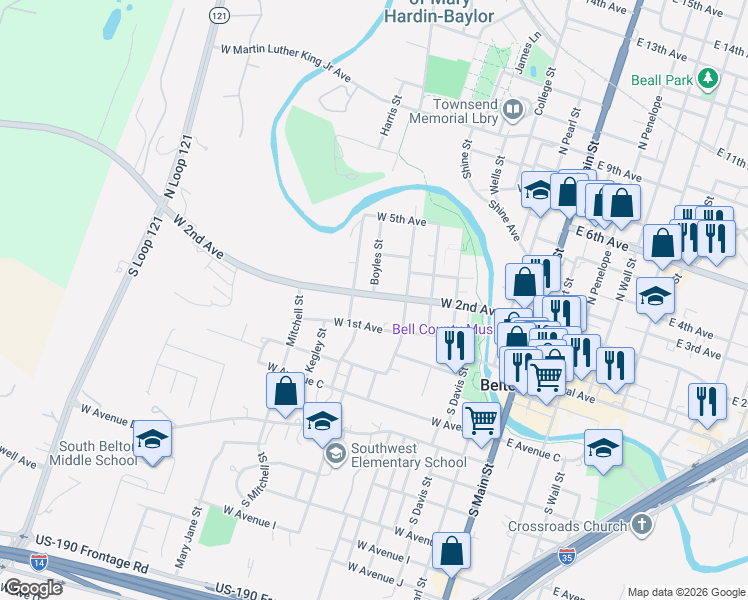 map of restaurants, bars, coffee shops, grocery stores, and more near 613 West 2nd Avenue in Belton