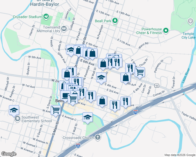 map of restaurants, bars, coffee shops, grocery stores, and more near 433 North Beal Street in Belton