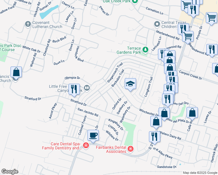 map of restaurants, bars, coffee shops, grocery stores, and more near 4602 Buckskin Trail in Temple