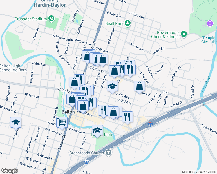 map of restaurants, bars, coffee shops, grocery stores, and more near 415 East 4th Avenue in Belton