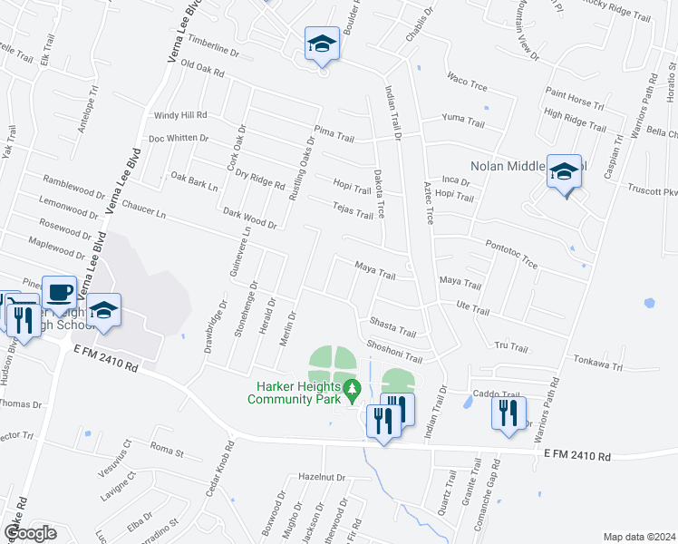 map of restaurants, bars, coffee shops, grocery stores, and more near 1500 Maya Trail in Harker Heights