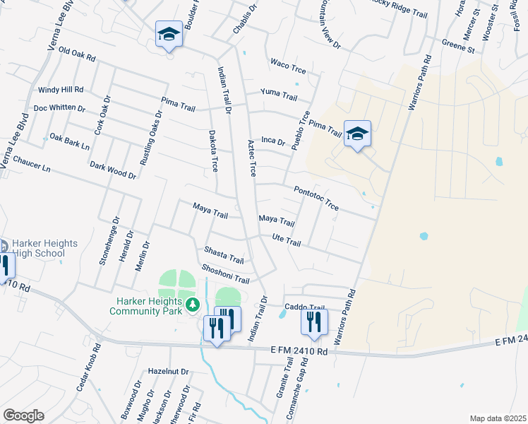 map of restaurants, bars, coffee shops, grocery stores, and more near 1601 Maya Trail in Harker Heights