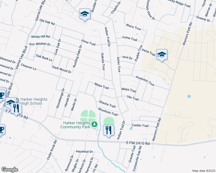map of restaurants, bars, coffee shops, grocery stores, and more near 1900 Indian Trail in Harker Heights