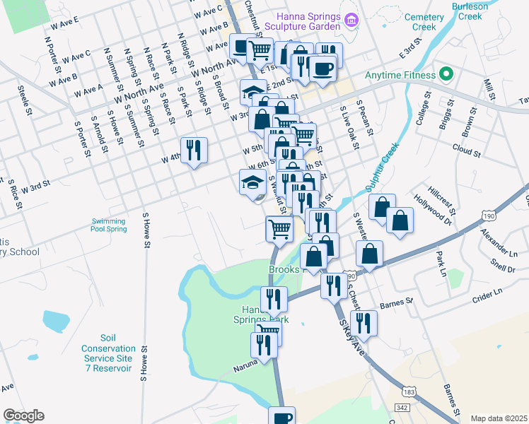 map of restaurants, bars, coffee shops, grocery stores, and more near 207 West 8th Street in Lampasas