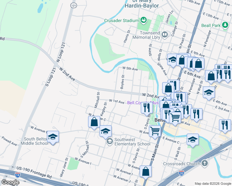 map of restaurants, bars, coffee shops, grocery stores, and more near 613 West 2nd Avenue in Belton