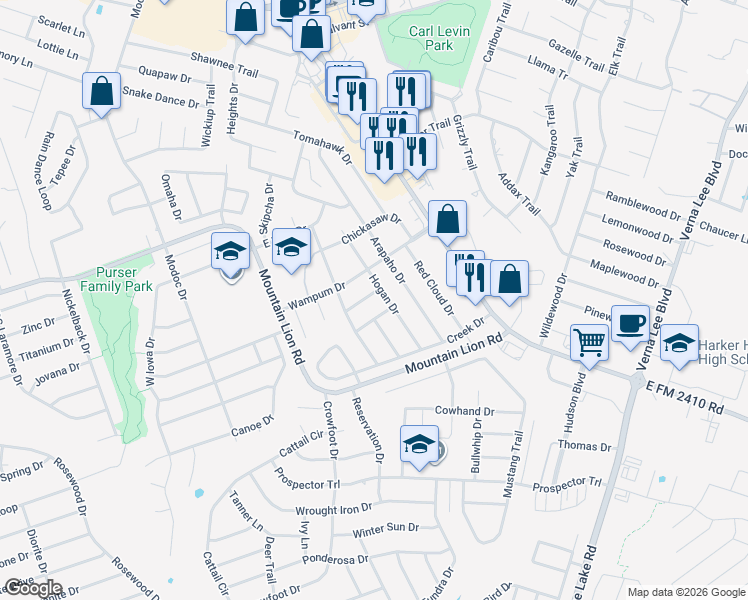 map of restaurants, bars, coffee shops, grocery stores, and more near 2300 Wigwam Drive in Harker Heights
