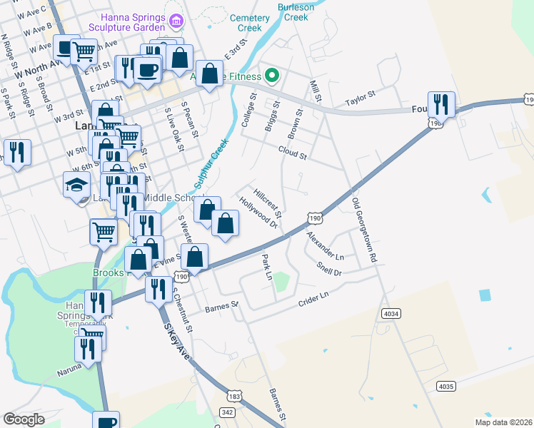 map of restaurants, bars, coffee shops, grocery stores, and more near 20 Hollywood Drive in Lampasas