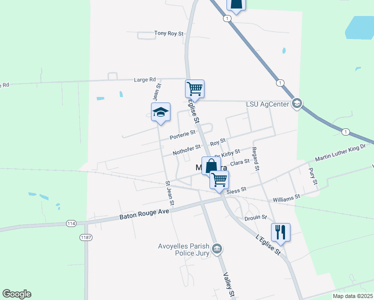 map of restaurants, bars, coffee shops, grocery stores, and more near 6719 Nothofer Street in Mansura