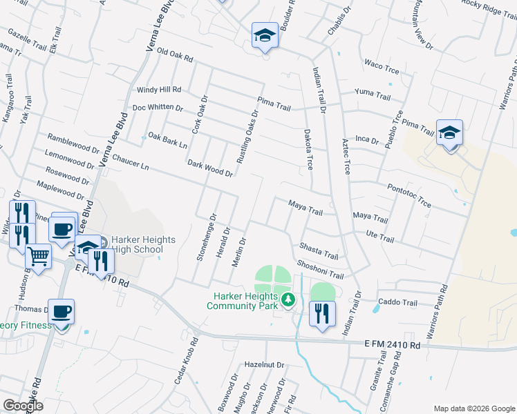 map of restaurants, bars, coffee shops, grocery stores, and more near 1919 Merlin Drive in Harker Heights