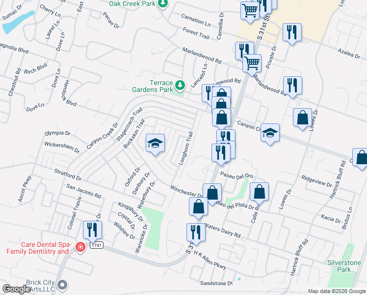 map of restaurants, bars, coffee shops, grocery stores, and more near 4402 Longhorn Trail in Temple