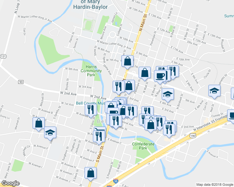 map of restaurants, bars, coffee shops, grocery stores, and more near 323 North Main Street in Belton