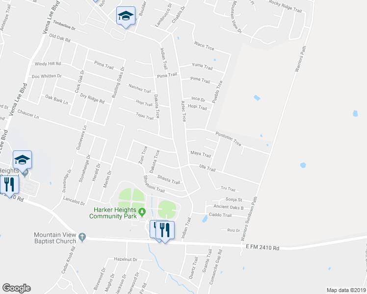 map of restaurants, bars, coffee shops, grocery stores, and more near 1601 Maya Trail in Harker Heights