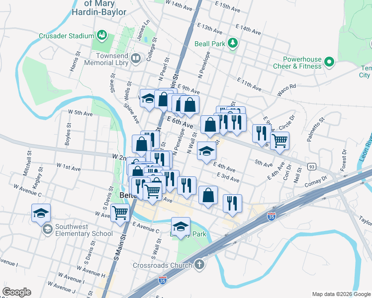 map of restaurants, bars, coffee shops, grocery stores, and more near 412 North Wall Street in Belton
