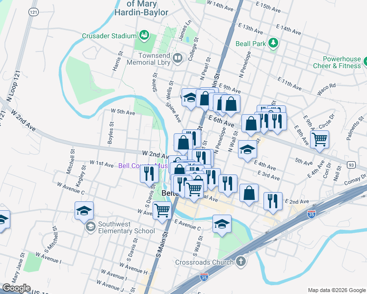 map of restaurants, bars, coffee shops, grocery stores, and more near 308 North Pearl Street in Belton