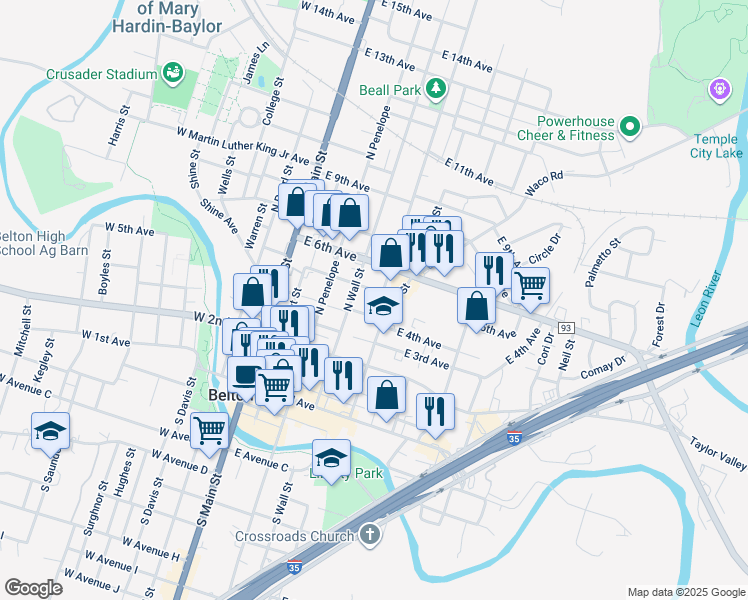 map of restaurants, bars, coffee shops, grocery stores, and more near 433 North Beal Street in Belton