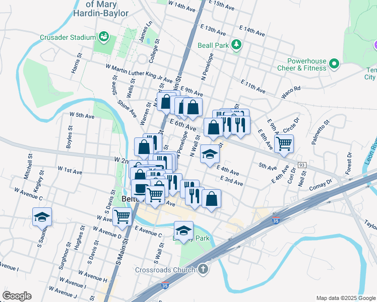 map of restaurants, bars, coffee shops, grocery stores, and more near 412 North Wall Street in Belton