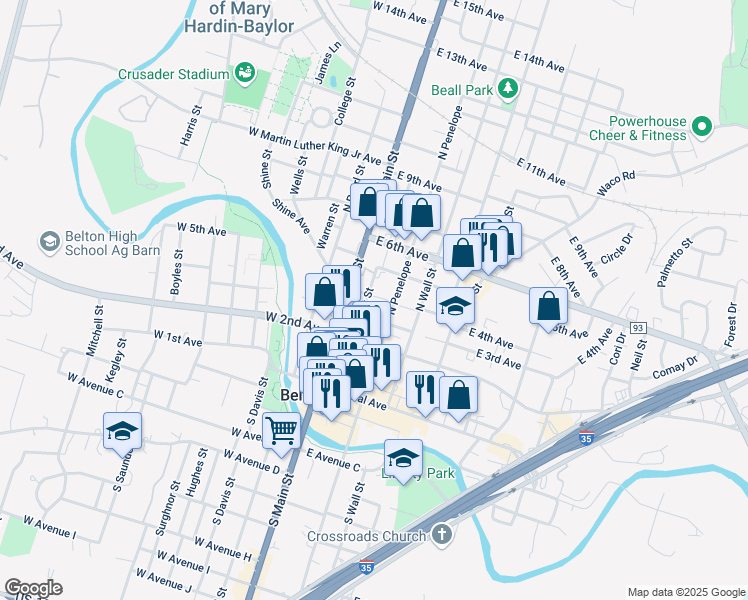 map of restaurants, bars, coffee shops, grocery stores, and more near 402 North Penelope Street in Belton