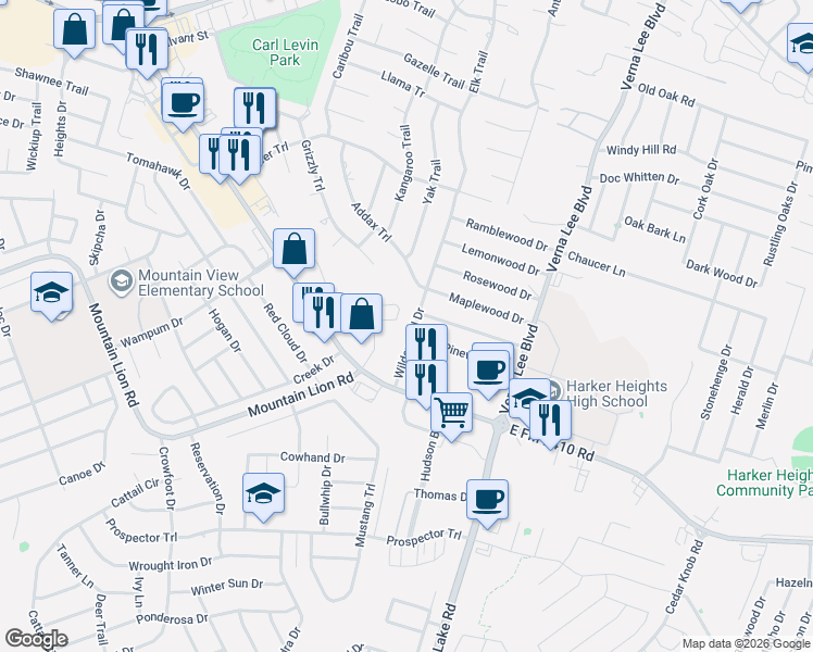 map of restaurants, bars, coffee shops, grocery stores, and more near 900 Pinewood Drive in Harker Heights