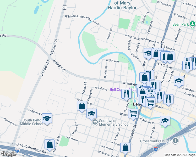 map of restaurants, bars, coffee shops, grocery stores, and more near 202 North Sparks Street in Belton