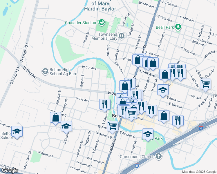 map of restaurants, bars, coffee shops, grocery stores, and more near 218 North Alexander Street in Belton