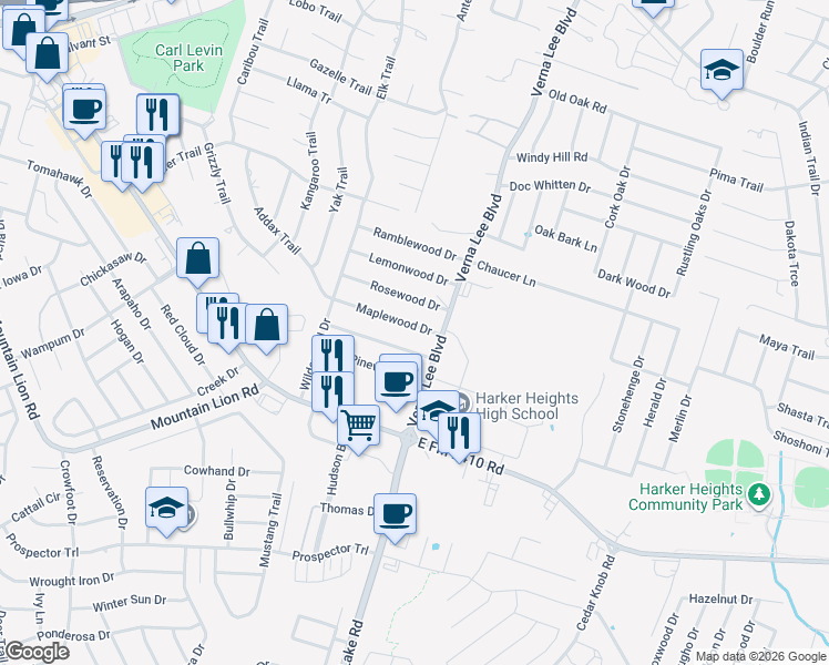 map of restaurants, bars, coffee shops, grocery stores, and more near 930 Ashwood Drive in Harker Heights