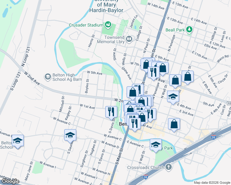 map of restaurants, bars, coffee shops, grocery stores, and more near 218 North Alexander Street in Belton