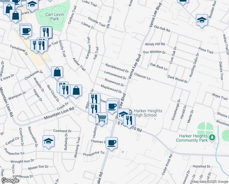 map of restaurants, bars, coffee shops, grocery stores, and more near 923 Maplewood Drive in Harker Heights