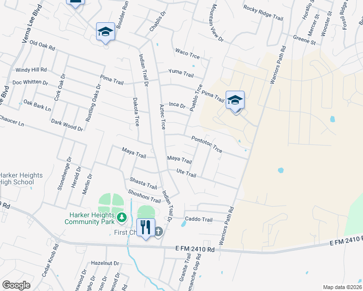 map of restaurants, bars, coffee shops, grocery stores, and more near 1606 Libby Lane in Harker Heights