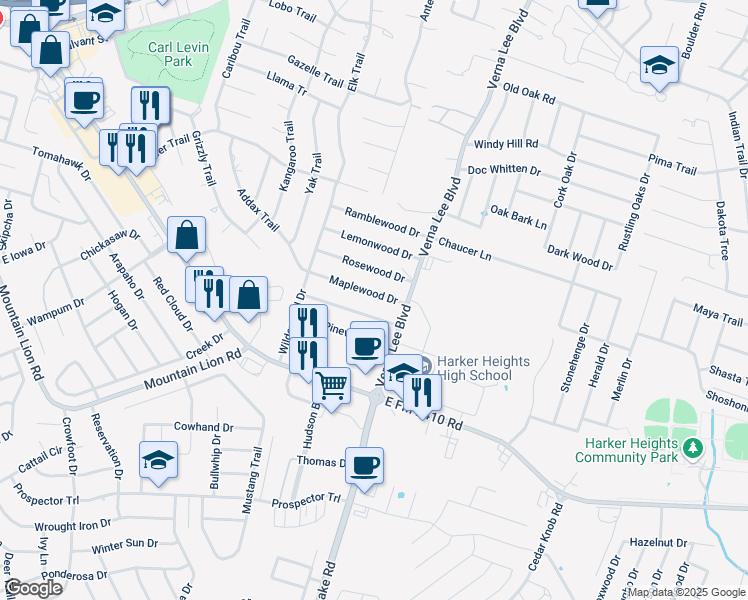 map of restaurants, bars, coffee shops, grocery stores, and more near 923 Maplewood Drive in Harker Heights