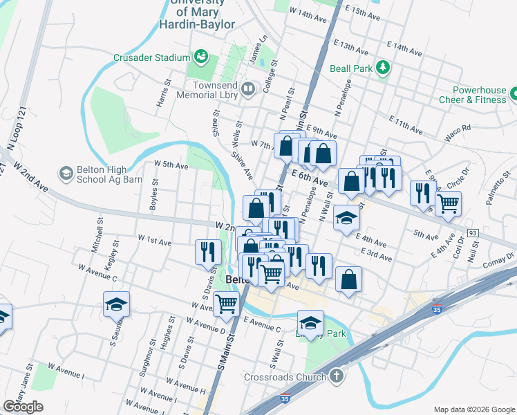 map of restaurants, bars, coffee shops, grocery stores, and more near 401 North Pearl Street in Belton