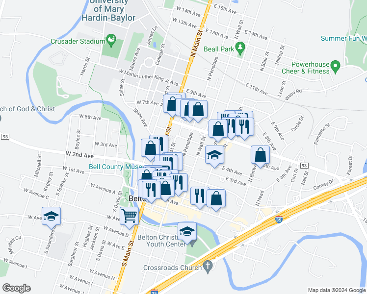 map of restaurants, bars, coffee shops, grocery stores, and more near 428 North Penelope Street in Belton