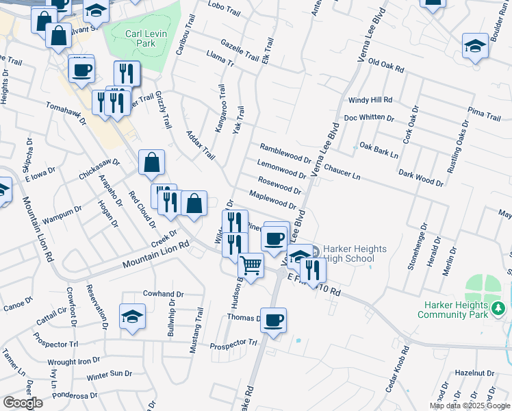 map of restaurants, bars, coffee shops, grocery stores, and more near 906 Maplewood Drive in Harker Heights