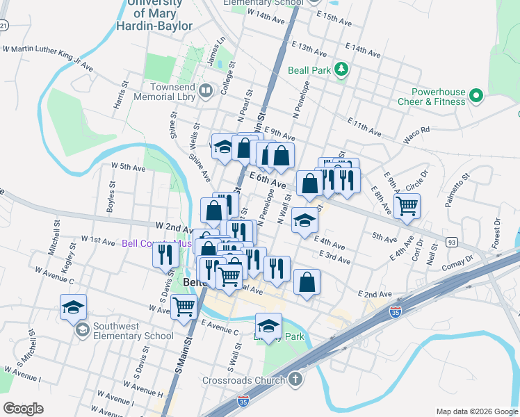 map of restaurants, bars, coffee shops, grocery stores, and more near 255 East 5th Avenue in Belton