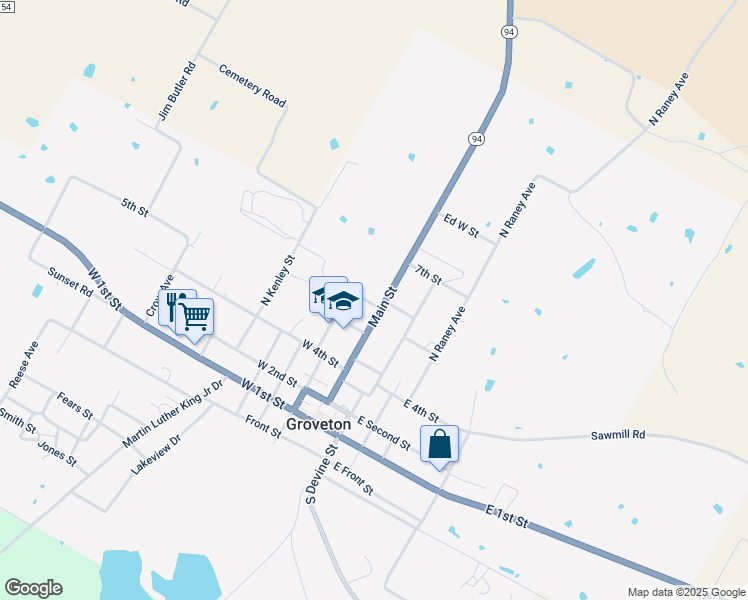 map of restaurants, bars, coffee shops, grocery stores, and more near Main Street in Groveton